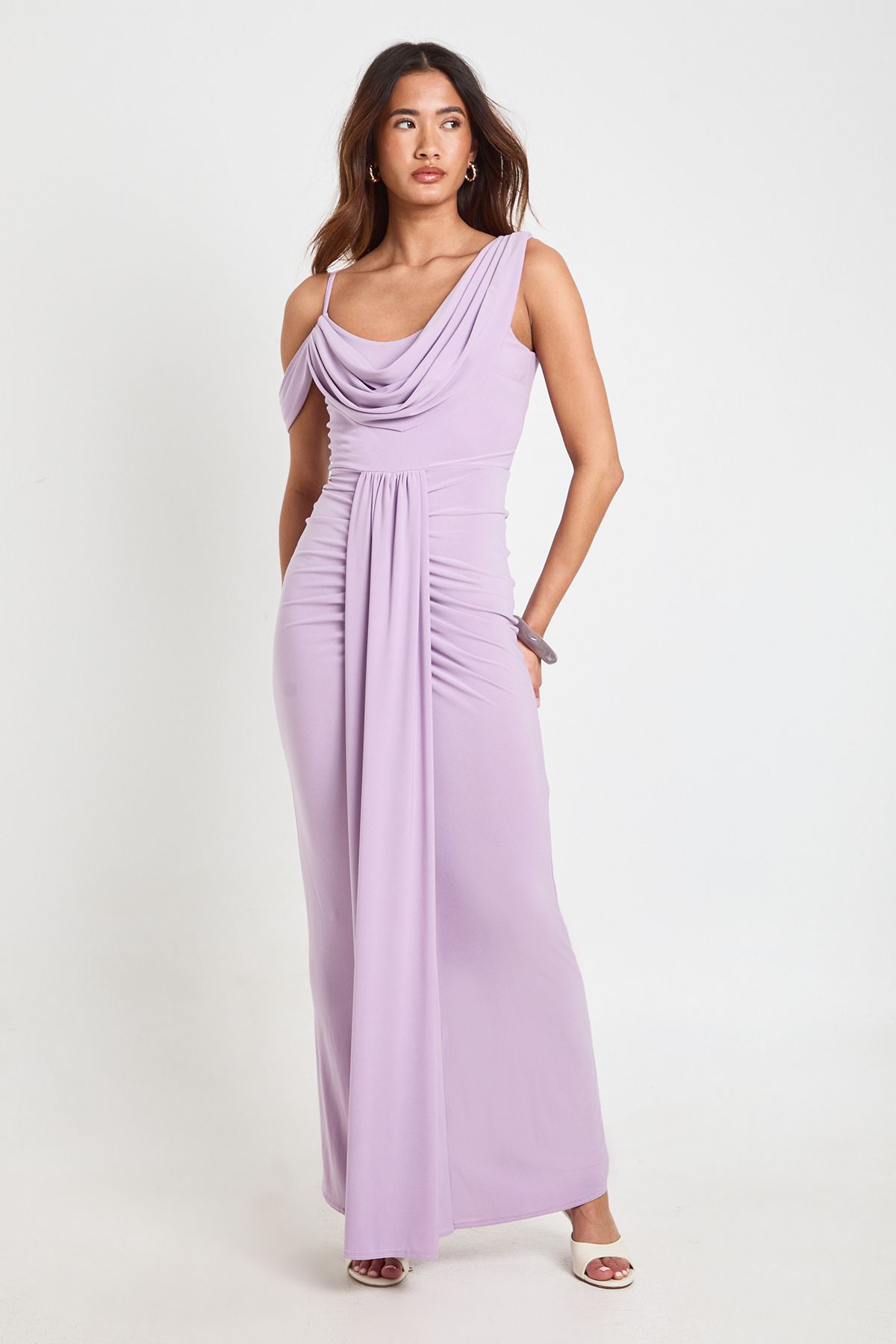 Double Layer Slinky Drape Front Cold Shoulder Maxi Dress