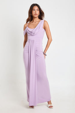 Double Layer Slinky Drape Front Cold Shoulder Maxi Dress