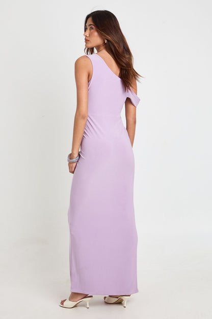 Double Layer Slinky Drape Front Cold Shoulder Maxi Dress
