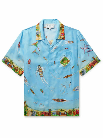 Casablanca Maison Sur Piloti Convertible-Collar Printed Silk-Twill Shirt