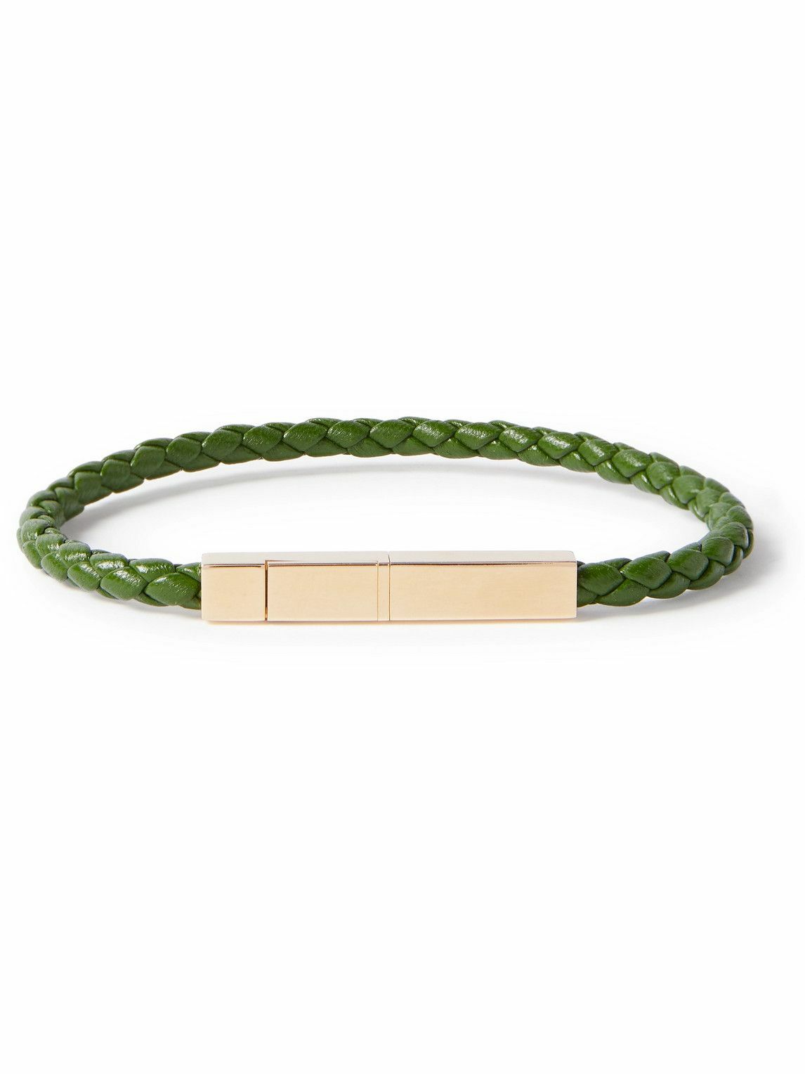 Braided Leather and Gold-Plated Bracelet - Green
