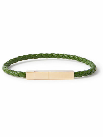 Braided Leather and Gold-Plated Bracelet - Green