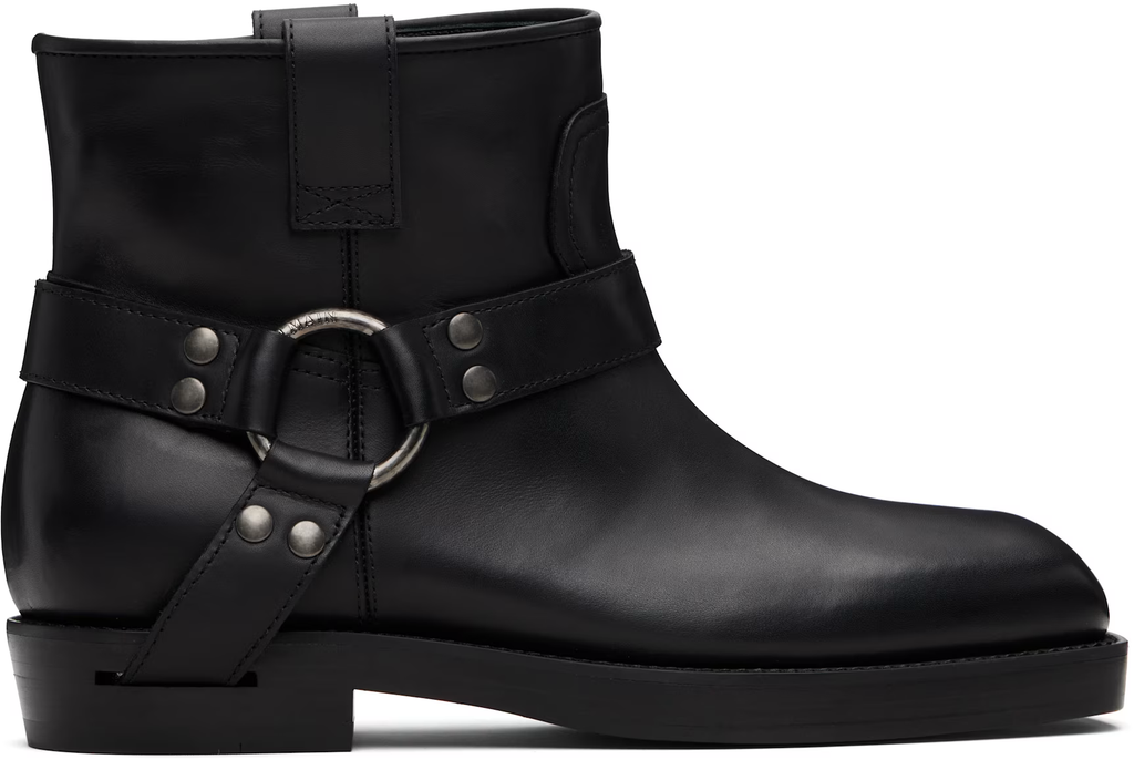 Black Calfskin Leather Biker Ankle Boots