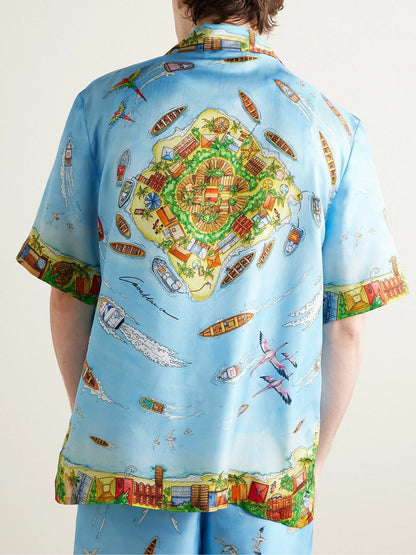 Casablanca Maison Sur Piloti Convertible-Collar Printed Silk-Twill Shirt