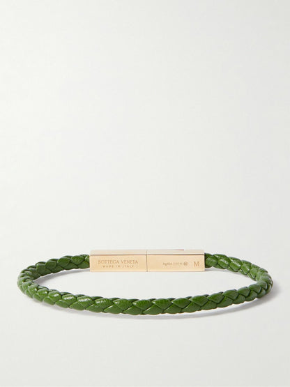Braided Leather and Gold-Plated Bracelet - Green