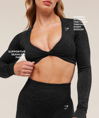 Gymshark Adapt Animal Long Sleeve Crop Top - Black/Asphalt Grey
