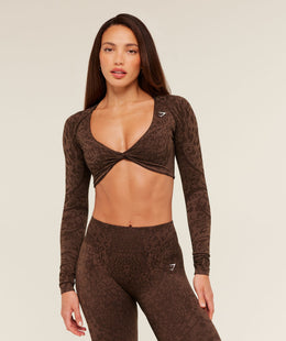 Gymshark Adapt Animal X Whitney Long Sleeve Crop Top - Archive Brown /  Soft Brown