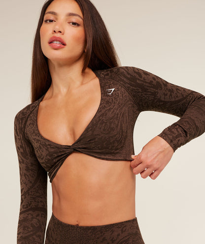 Gymshark Adapt Animal X Whitney Long Sleeve Crop Top - Archive Brown /  Soft Brown