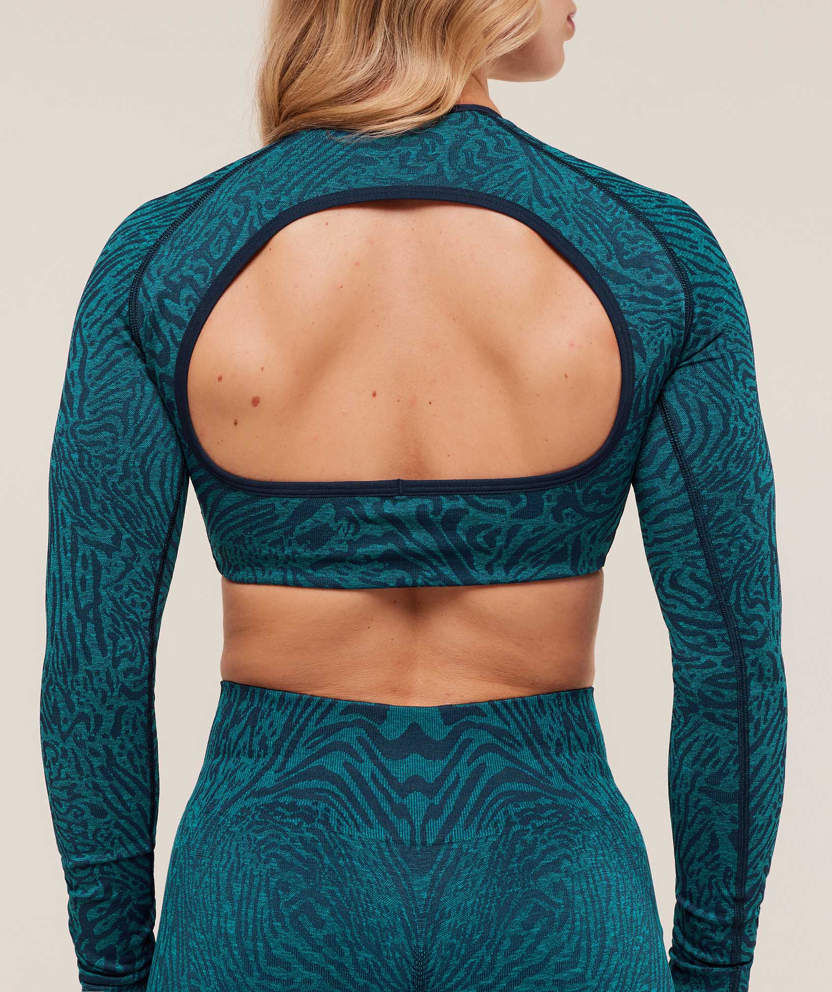 Gymshark Adapt Animal Long Sleeve Crop Top - Navy/Brand Blue