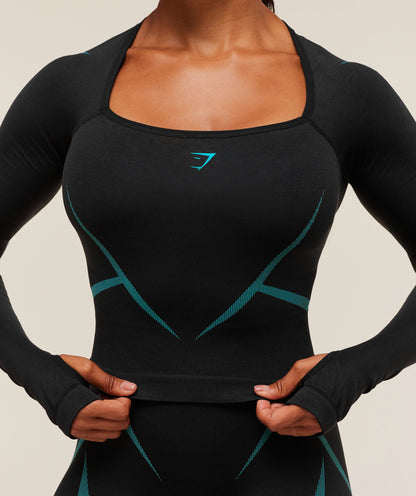 Gymshark Apex Lift Seamless Long Sleeve Crop Top - Black/Brand Blue