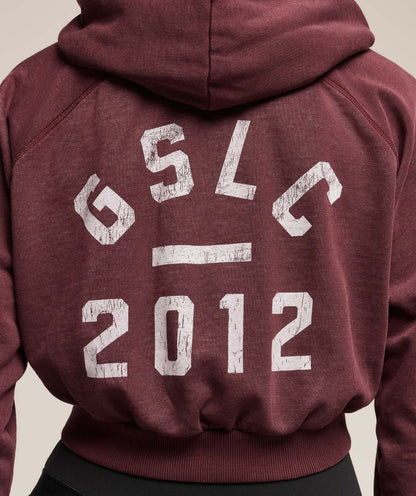 Gymshark Gymshark Lifting Club 2012 Graphic Cropped Hoodie - Rich Maroon/Wash