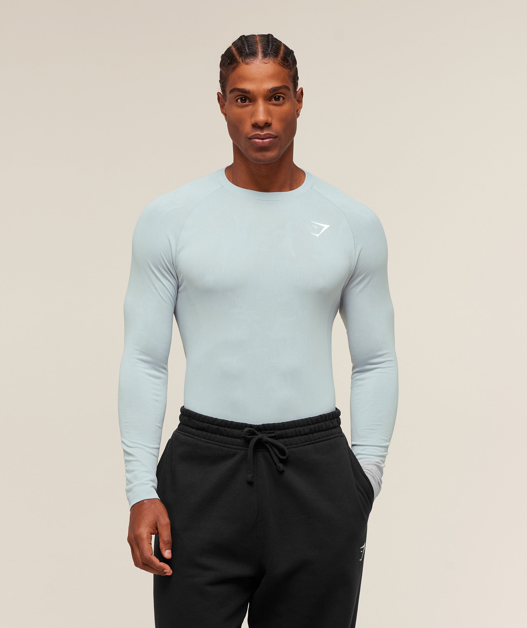 Gymshark Geo Seamless Long Sleeve T-Shirt - Smoke Blue/Soft White