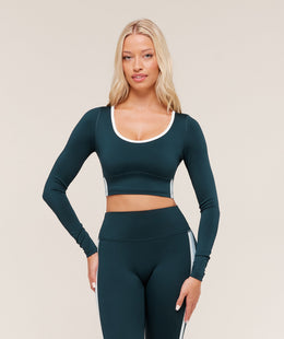 Gymshark Piping Long Sleeve Crop Top - Deep Petrol Blue/Smoke Blue/Soft White