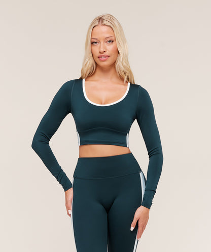 Gymshark Piping Long Sleeve Crop Top - Deep Petrol Blue/Smoke Blue/Soft White