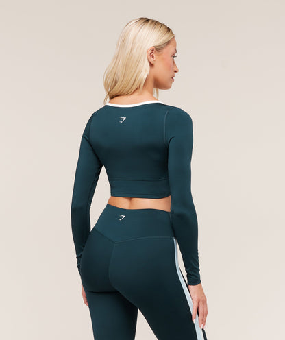 Gymshark Piping Long Sleeve Crop Top - Deep Petrol Blue/Smoke Blue/Soft White