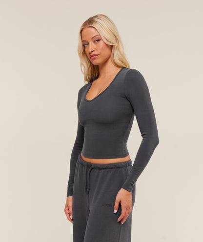 Gymshark Waffle Long Sleeve Top - Onyx Grey