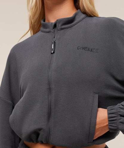 Gymshark Waffle Midi Zip Up Jacket - Onyx Grey