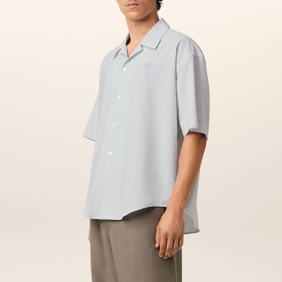 AMI Camp Collar Pinstriped Cotton Shirt