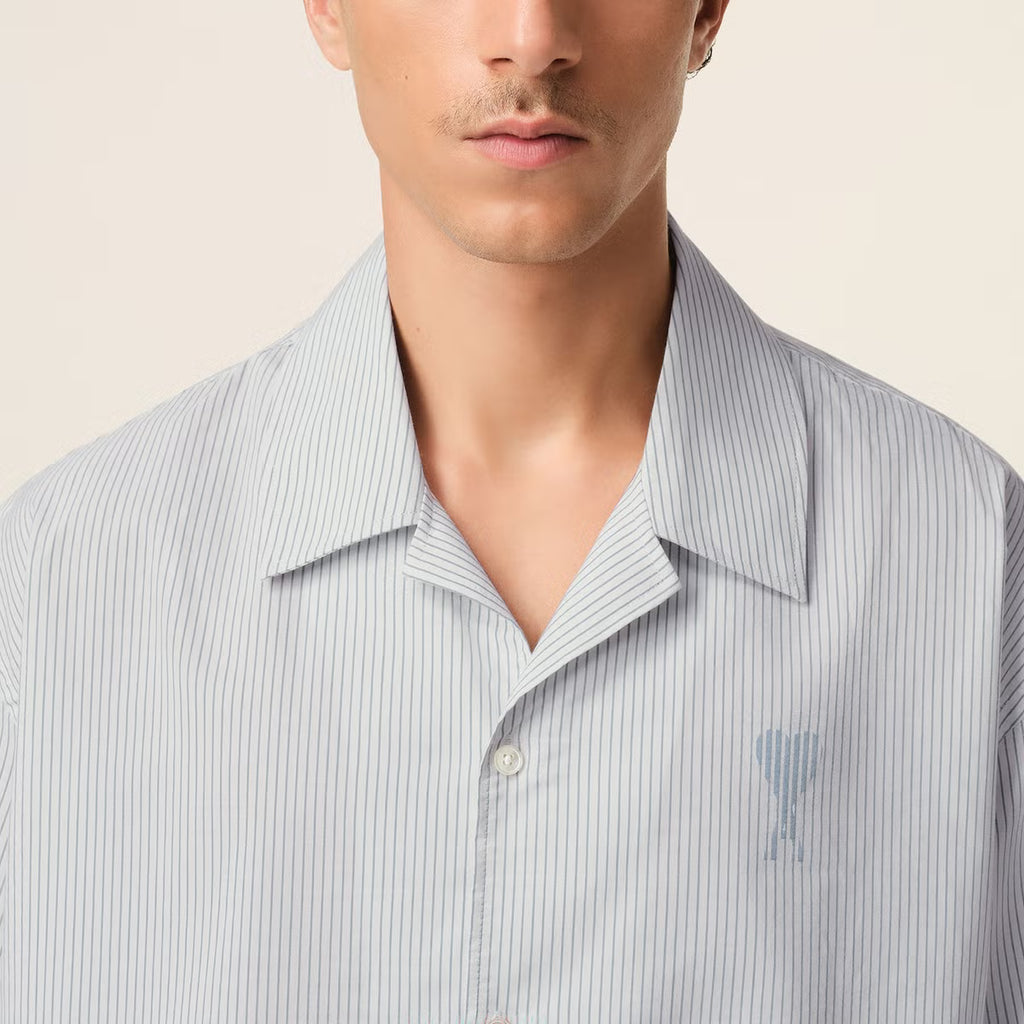 AMI Camp Collar Pinstriped Cotton Shirt