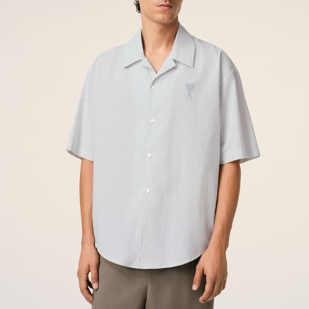 AMI Camp Collar Pinstriped Cotton Shirt