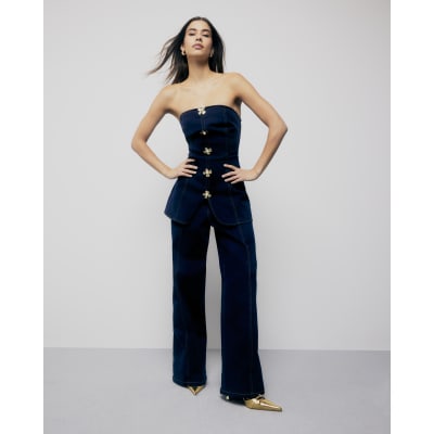 Indigo Denim Buttoned Bandeau Jumpsuit
