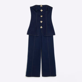 Indigo Denim Buttoned Bandeau Jumpsuit