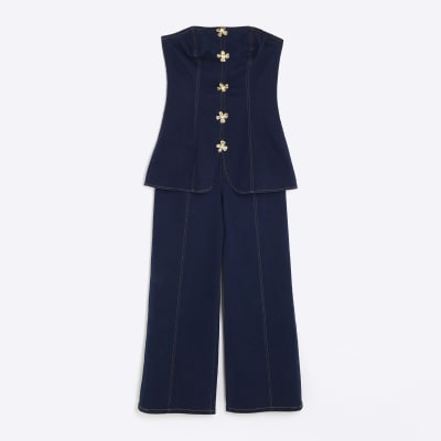 Indigo Denim Buttoned Bandeau Jumpsuit