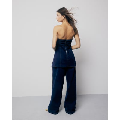 Indigo Denim Buttoned Bandeau Jumpsuit