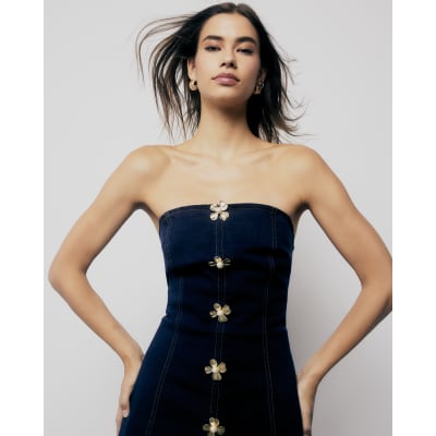 Indigo Denim Buttoned Bandeau Jumpsuit