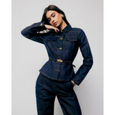 Indigo Denim Long Sleeve Belted Peplum Jacket