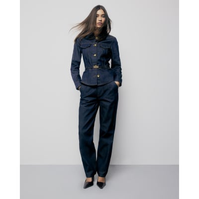 Indigo Denim Long Sleeve Belted Peplum Jacket