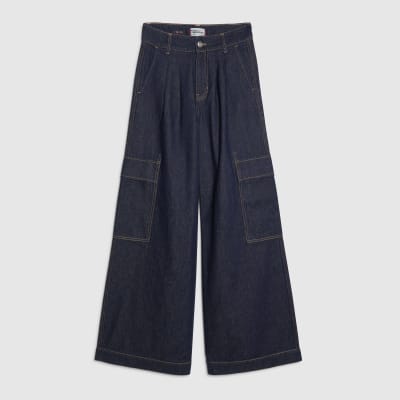 Indigo Mid Rise Cargo Wide Leg Baggy Jeans