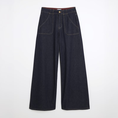 Indigo Mid Rise Tailored Baggy Wide Leg Jeans