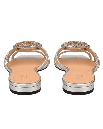 Interlocking G Crystal-embellished Flat Sandals in Metallic Leather