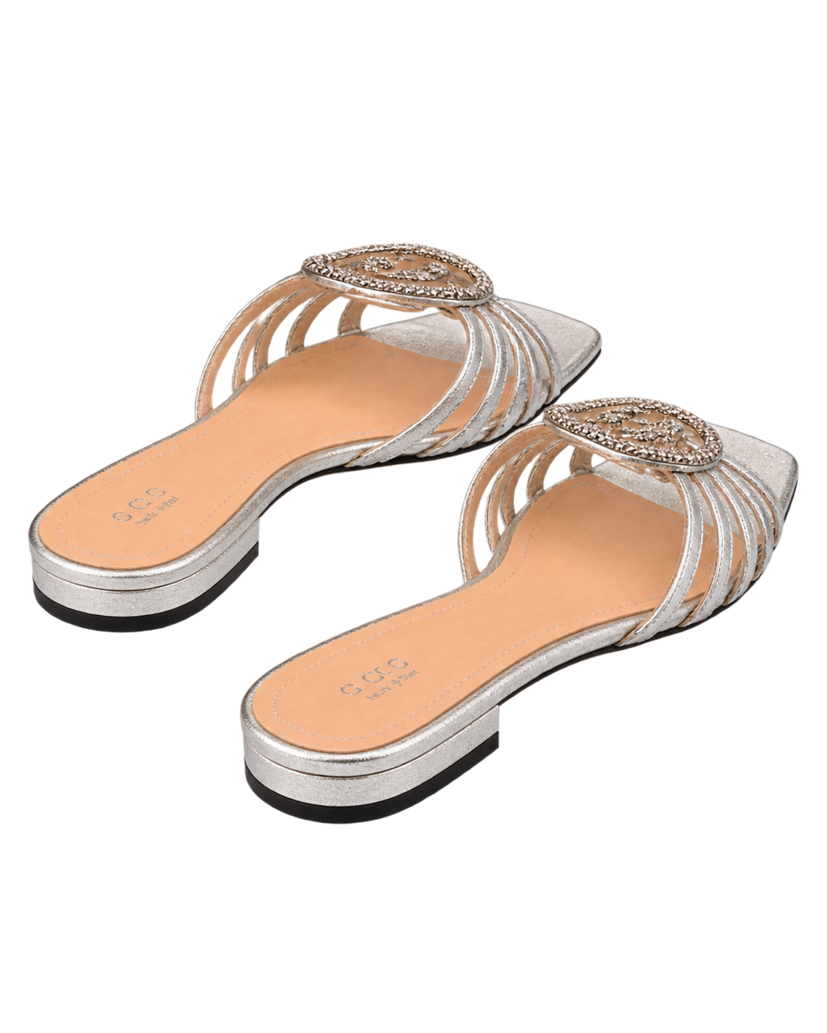 Interlocking G Crystal-embellished Flat Sandals in Metallic Leather