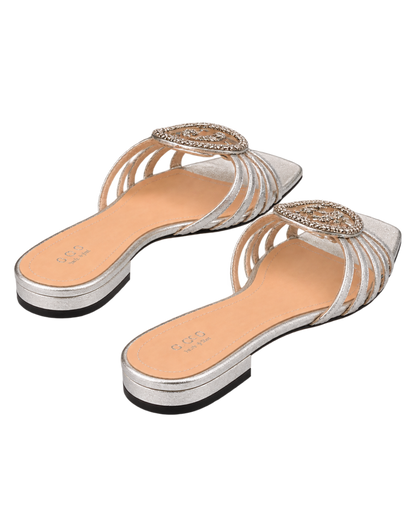 Interlocking G Crystal-embellished Flat Sandals in Metallic Leather