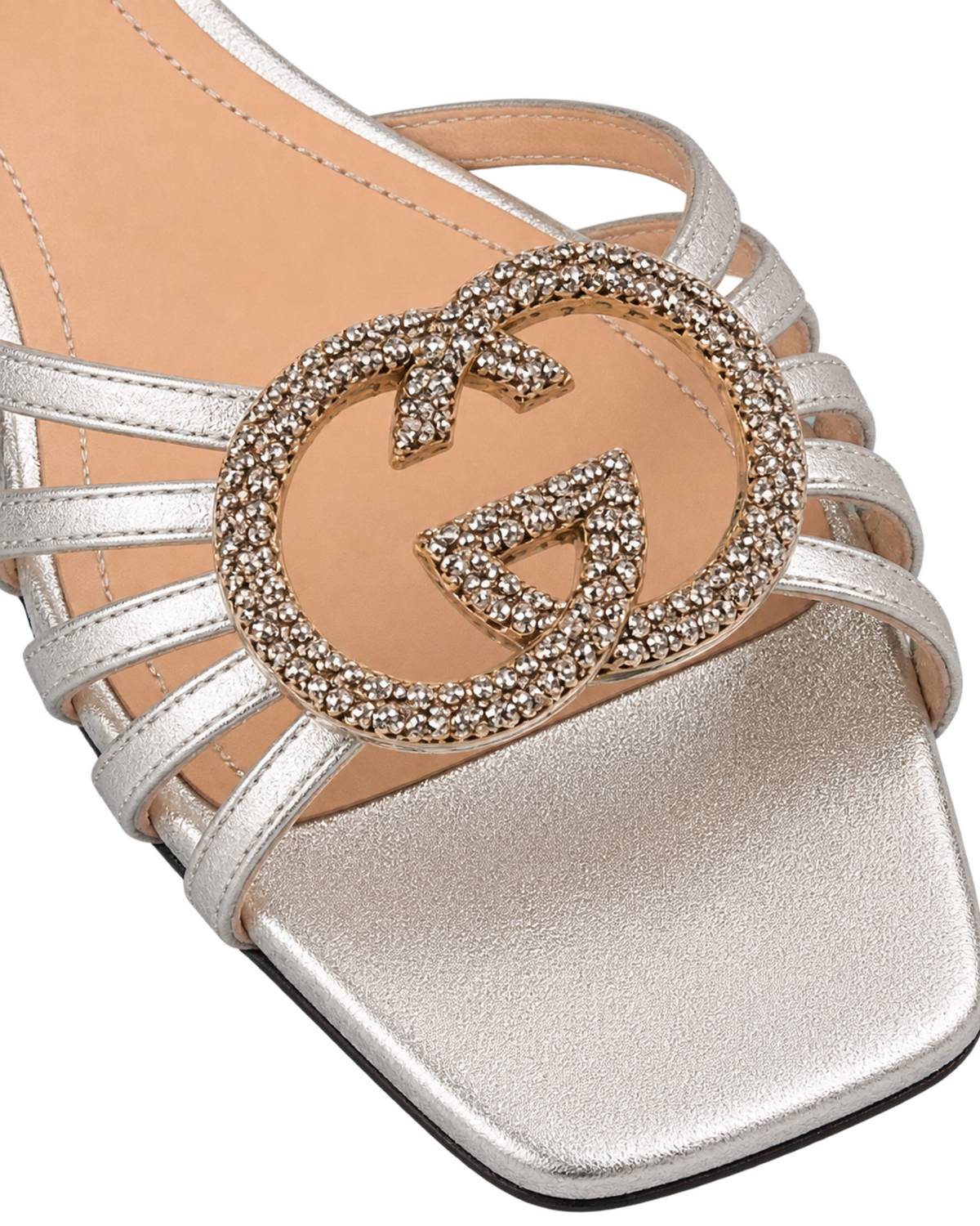 Interlocking G Crystal-embellished Flat Sandals in Metallic Leather