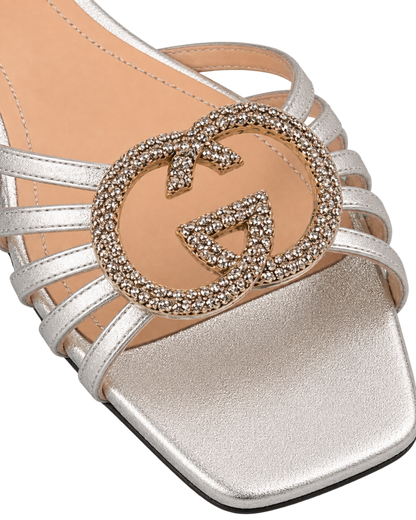Interlocking G Crystal-embellished Flat Sandals in Metallic Leather