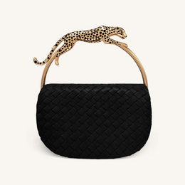Ione Leopard Shaped Hardware Handle Woven Top Handle Bag - Black