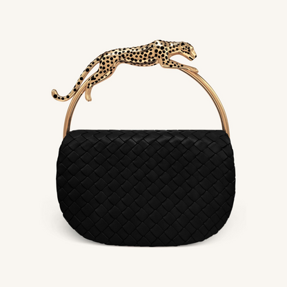 Ione Leopard Shaped Hardware Handle Woven Top Handle Bag - Black
