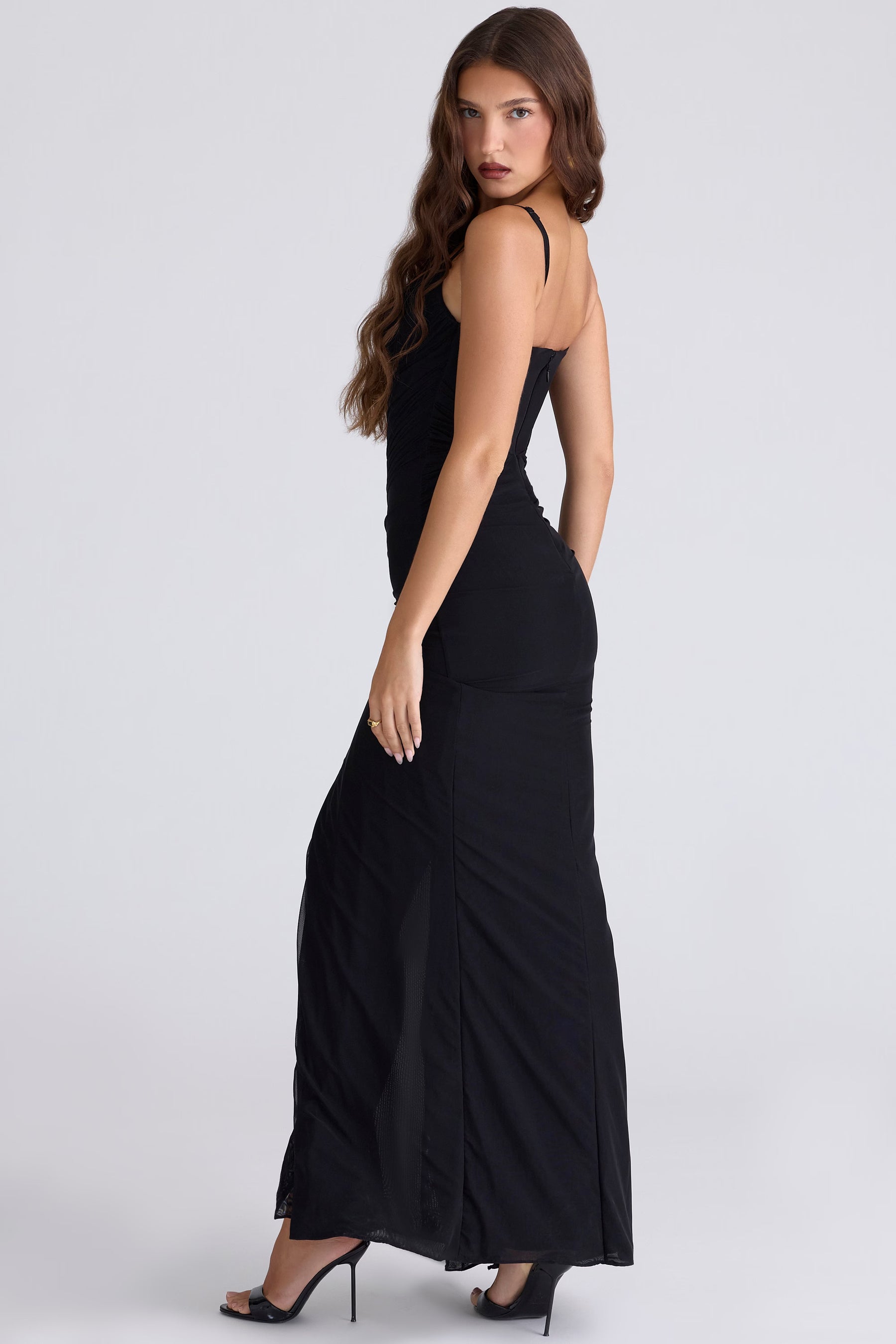 Issey black stretch mesh draped maxi dress