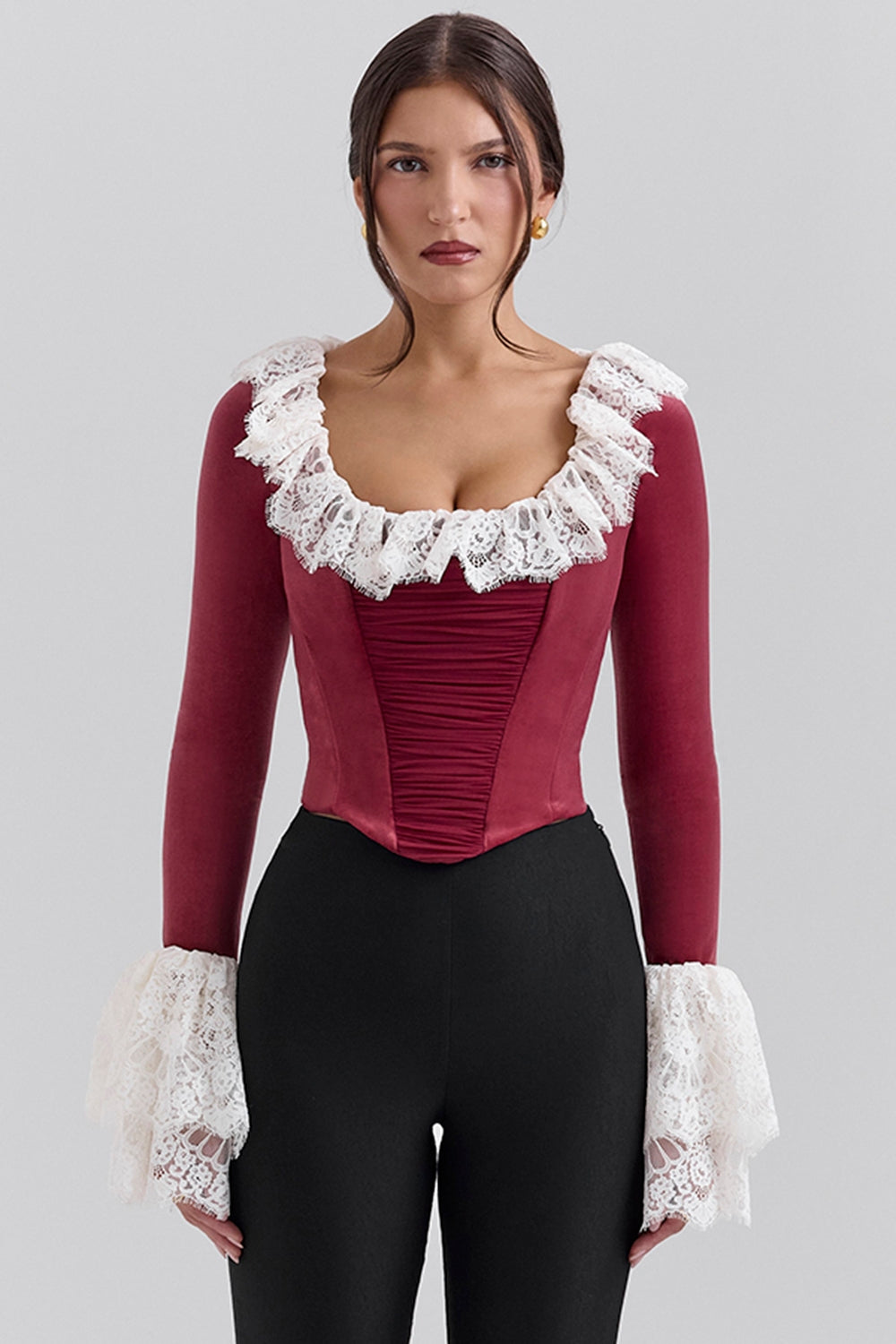 Cabernet velvet lace trimmed corset top