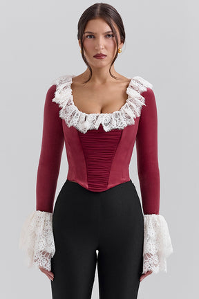 Cabernet velvet lace trimmed corset top