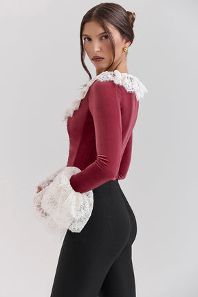 Cabernet velvet lace trimmed corset top
