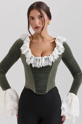 Forest green velvet lace trimmed corset top