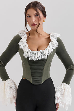 Forest green velvet lace trimmed corset top