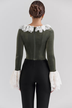 Forest green velvet lace trimmed corset top
