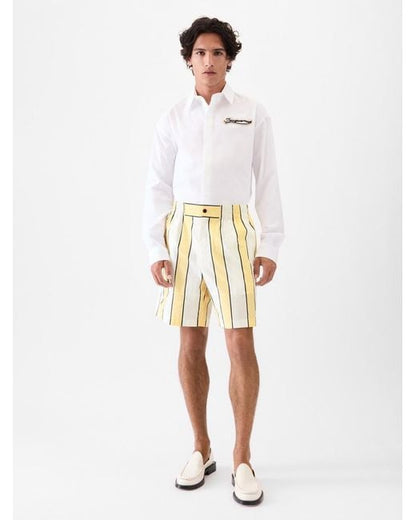 Jacquemus ìLe Short Aloe' White Shorts with Logo Lettering on the Front and All-Over Striped Motif in Cotton Man