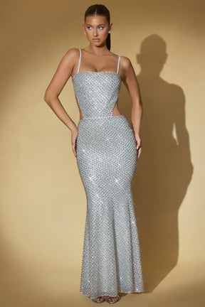 Embellished Cut-Out Gown in Silver