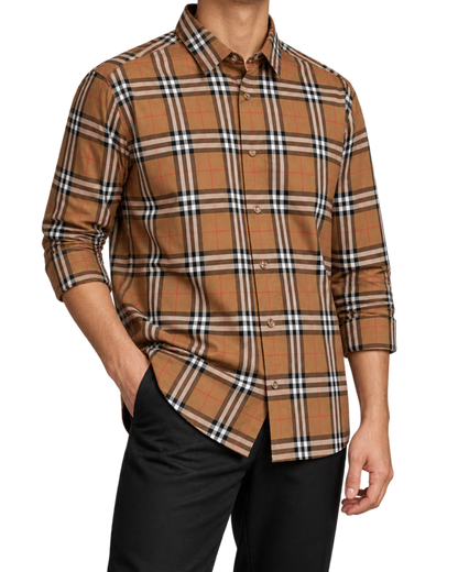 Kemeja BURBERRY SHEFFORD CHECK TAUPE BROWN LONG SHIRT
